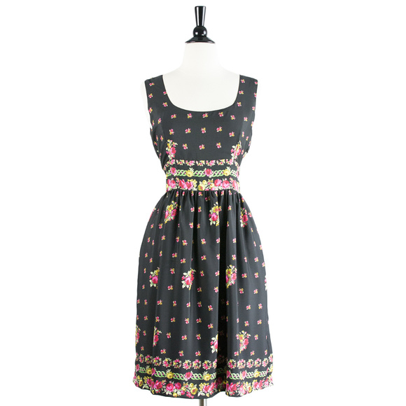 Frock Shop | Silky Black Bright Floral Print Sleeveless Fit & Flare Dress - Picture 1 of 4